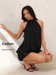SHEIN PETITE Summer Elegant Sexy Backless Halter Neck Mini Dress Party Club Black - Black - View 6