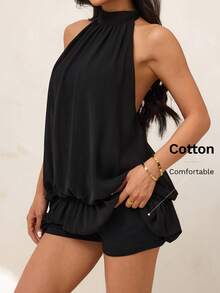 SHEIN PETITE Summer Elegant Sexy Backless Halter Neck Mini Dress Party Club Black - Black - View 7