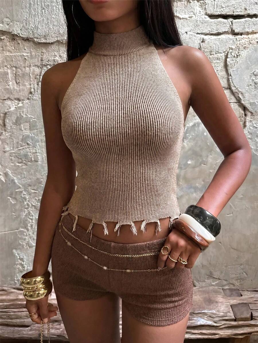 SHEIN BAE Ribbed Halter Neck Knit Semi-High Neck Sleeveless Tassel Fringed Cropped Waist-Baring Slim Fit Women's Sweater - Mocha Brown - View 1