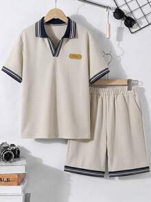 Vacaura 2件組青少年男孩休閒 Polo 衫與短褲套裝 - 卡其色 - 查看 3