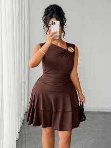 Elenzga Plus Size Elegant Vintage Romantic Fashion Asymmetric Neckline Sleeveless Pleated Waist Floral Decor Fitted Dress For Women, Suitable For Date, Party, Daily Wear, Summer Dress, Sleeveless Dress - Brown - View 6