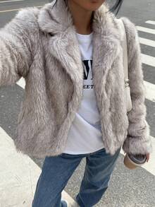 SHEIN EZwear 蓬鬆領短版夾克 秋冬日常外出夜生活 淺灰色休閒款 - 淺灰色 - 查看 4