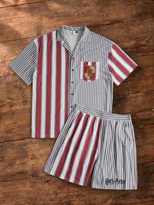 HARRY POTTER X SHEIN 男士条纹短袖单排扣上衣和短裤睡衣套装 - 黑與白 - 查看 1
