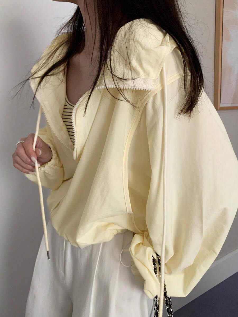 DAZY 女士秋季休闲连帽薄款短款长袖衬衫 - 黃色 - 查看 1