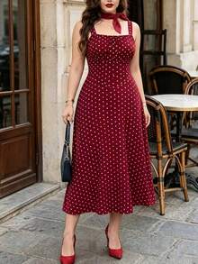 Auvina Plus Size Elegant Polka Dot Print Sleeveless Dress, Summer - Burgundy - View 1
