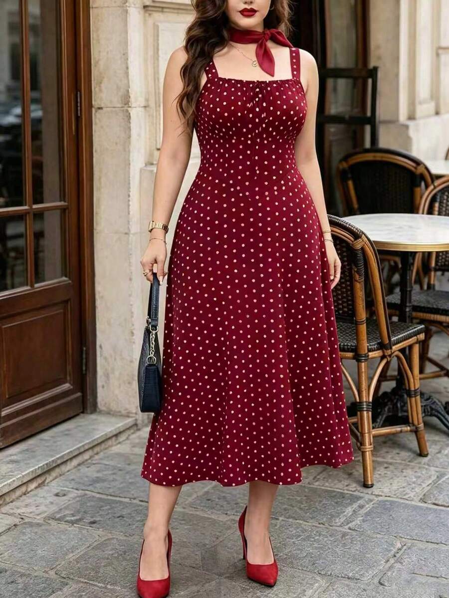 Auvina Plus Size Elegant Polka Dot Print Sleeveless Dress, Summer - Burgundy - View 1