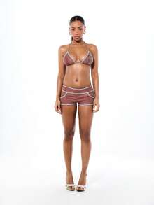 BABYPHAT Triangle Bikini Top With Contrast Coverstitch Trim And Halter Tie Neck Logo Detail Summer Beach - Chocolate Brown - View 3