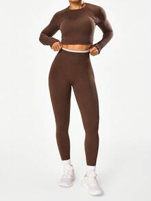 Solea Cove Solea Cove 1pc Women's Dark Green Knitted Seamless Comfortable Elastic Coffee Color Back V-Waist Leggings - Coffee Brown - View 7