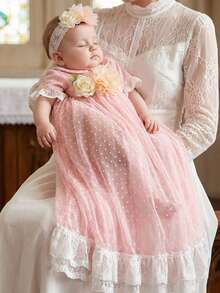SHEIN Vestido Elegante para Bebê Recém-Nascida com Gola Peter Pan, Manga Longa e Cintura Marcada, com Faixa de Cabeça, 2 Peças/Conjunto - Rosa chiclete - Visão 8