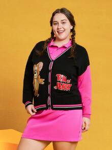 TOM & JERRY X SHEIN Plus Cartoon Pattern Color Blocking Drop Shoulder Knitted Cardigan - Multicolor - View 7
