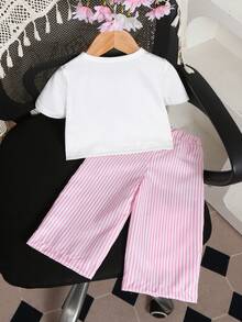 SHEIN 2件組女嬰幼兒/新生兒0-3歲可愛休閒居家/外出條紋蝴蝶結3D蝴蝶結T恤上衣+條紋長褲套裝，莫蘭迪藍嬰兒服飾，春/夏 - 粉色 - 查看 3