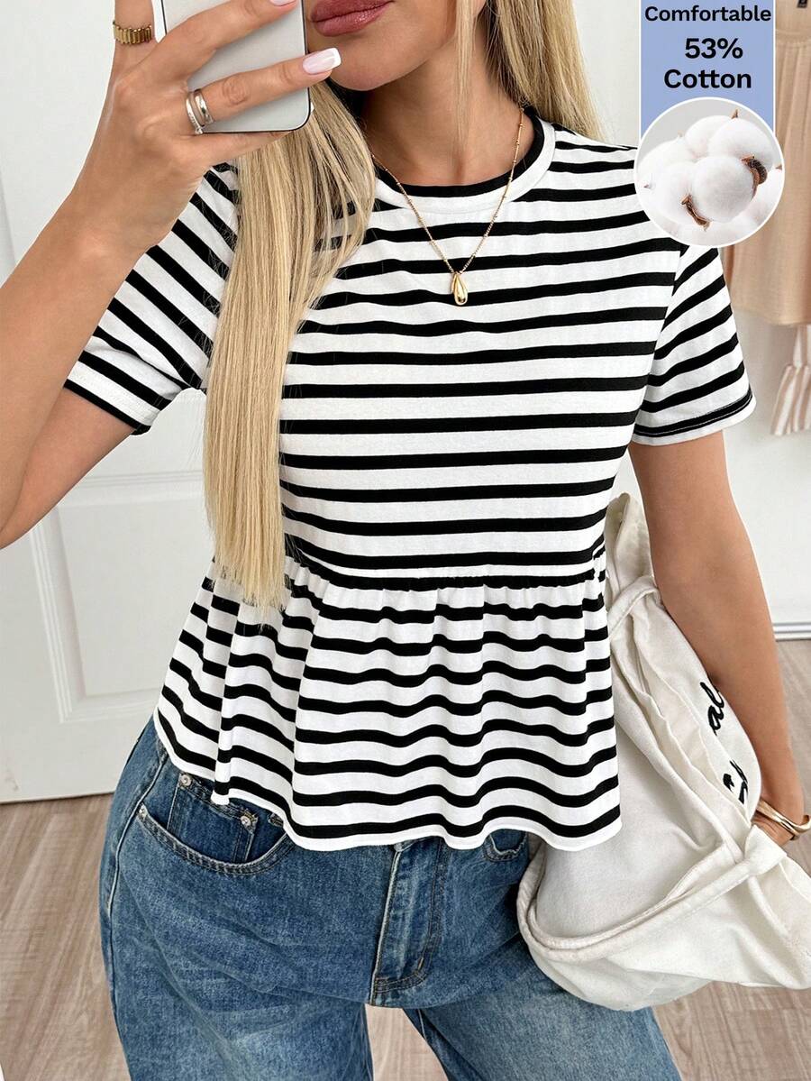 Easowa Women's Fashion Versatile Black And White Checkered Colorblock Pleated Short Sleeve T-Shirt Travel Summer Casual Coastal - Black and White - View 1