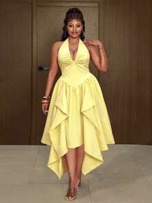 Maweii Women's Plus Size Elegant Pale Yellow Solid Color Fabric Halter Neck Design Ruched Chest Design Deep Shirred Back Tie Bow Backless Design Back Gathered Elastic Band Asymmetric Hem Design Yellow Dress Fashion Versatile Outing Party Gathering Night Date - Pale Yellow - View 5