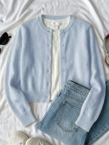 SHEIN 青少年女孩休閒百搭素色開襟衫 - 淺藍色 - 查看 3
