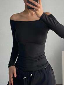 DAZY Women's Solid Color Off-Shoulder Slim Fit Versatile Daily Long Sleeve Top - Black - View 4