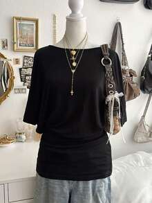 Lalippa Women's Black Textured One-Shoulder Batwing-Sleeve Loose Casual T-Shirt - Black - View 1