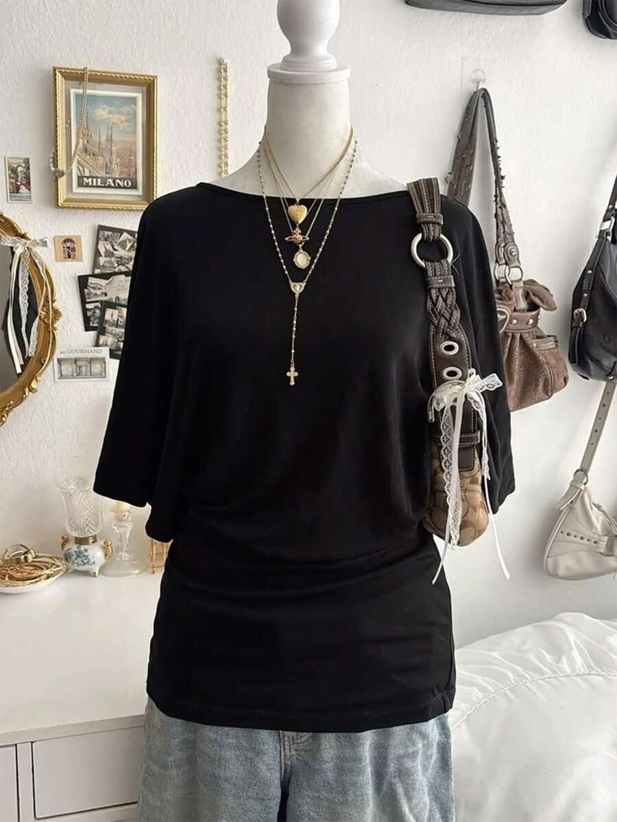 Lalippa Women's Black Textured One-Shoulder Batwing-Sleeve Loose Casual T-Shirt - Black - View 1