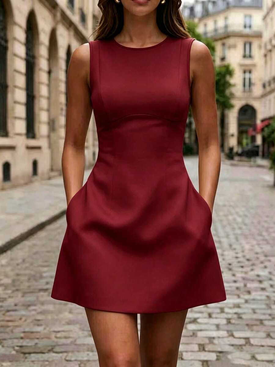 SHEIN 女款春夏新款淡黃色收腰無袖休閒短洋裝，適合度假、節慶、日常與優雅派對 - 酒紅色 - 查看 1