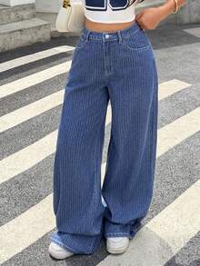 Rivivi Casual Streetwear Washed Wide Leg Denim Jeans School Blue And White Striped Summer - Dark Wash - View 6