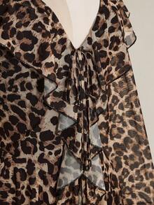 SHEIN ICON Plus Size Retro Sexy Millennial Style Y2K Urban Modern Avant-Garde Bold Fashion Individual Leopard Print V-Neck Ruffled Bell Sleeve Flowy Ribbon Dress - Brown - View 8