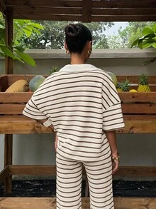 Muchica Women's Striped Drop Shoulder Sleeve T-Shirt And Pants Casual 2-Piece Set - Brown - View 2