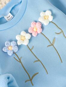 SHEIN Playful Pals 女嬰清新3D花卉刺繡運動衫套裝，春秋款親膚柔軟藍色3D花卉運動衫＋粉色羅紋長褲套裝，可愛百搭風格 - 藍色 - 查看 5