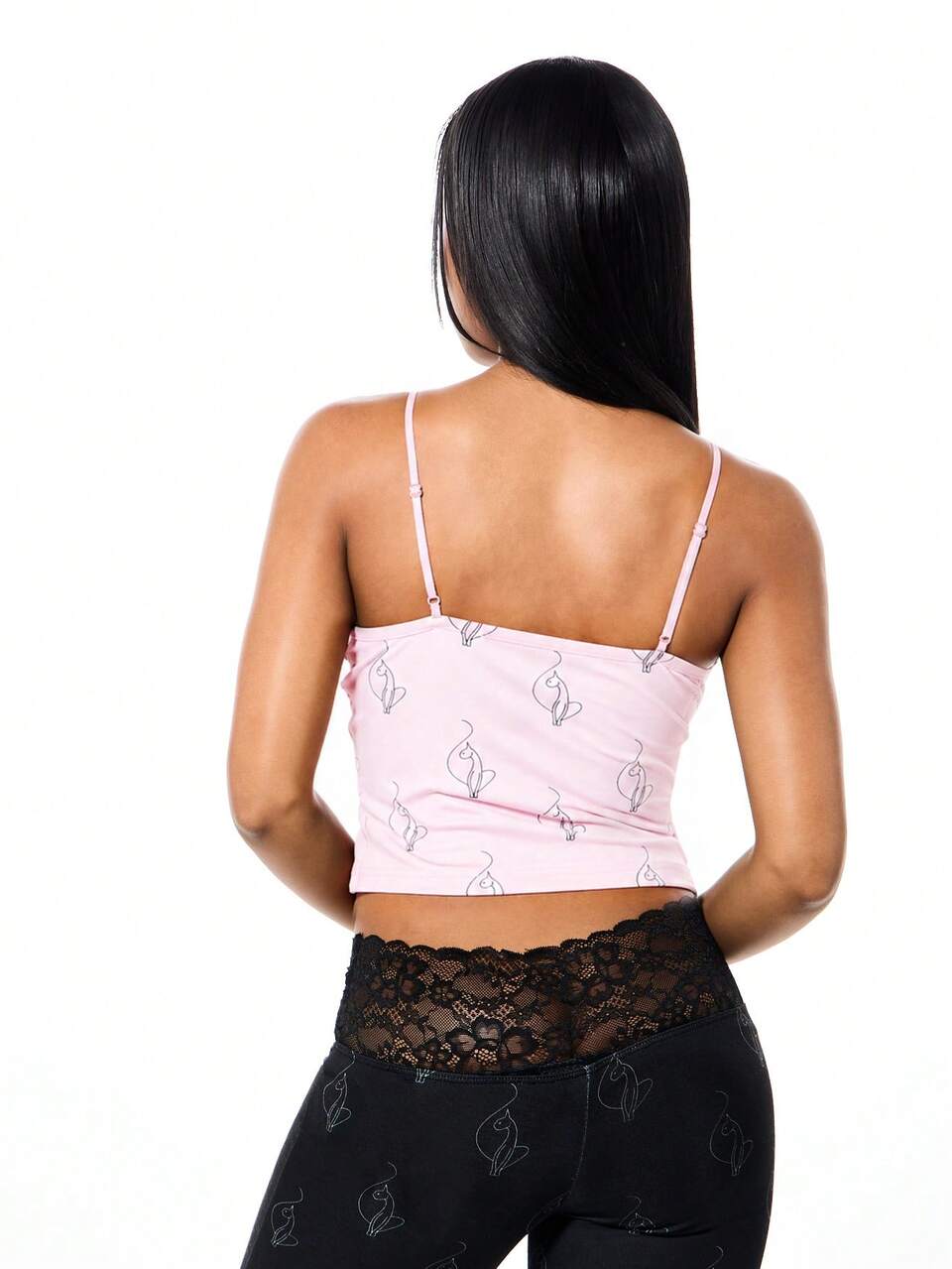 BABYPHAT Lace Trim Cami Top With Abstract Print Adjustable Straps V Neck Tank Top Feminine Summer Casual Sleeveless Top