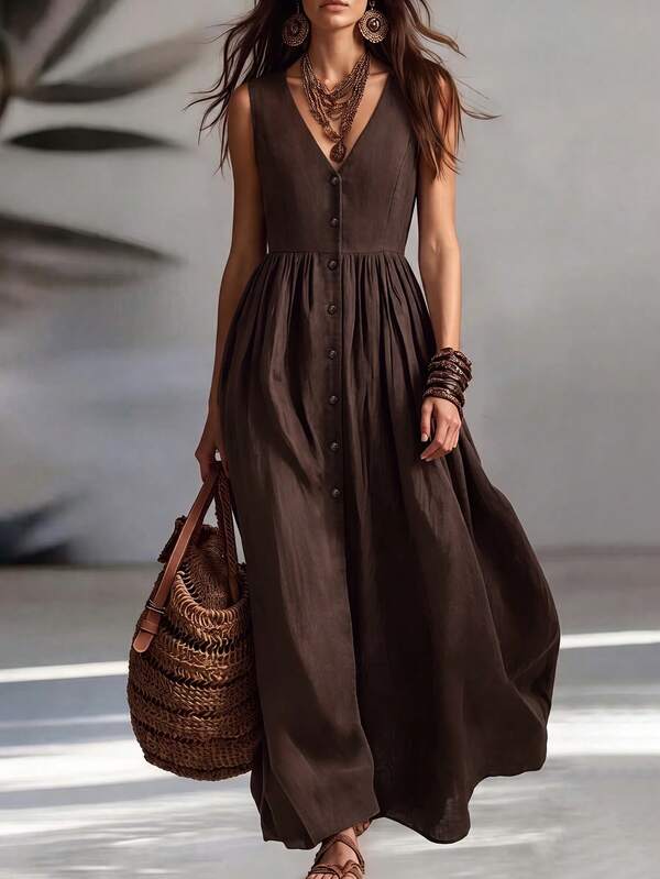 Linhara CURVE Plus Size Casual V-Neck Sleeveless Front Button Dress