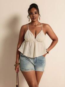 Elaquor Plus Size Women Daisy Embroidery Camisole Top For Vacation Beach Date Night Beige Summer Boho Tropical - Apricot - View 4
