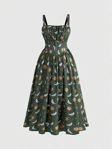 ROMWE Hippie Fairycore Vintage Mori Style Sun Moon Star Print Plus Size Black Dress, Women's Long Dress - Green - View 1