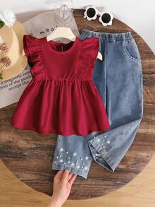SHEIN Genkimix Kids 两件套：少女可爱简约休闲荷叶边无袖上衣和时尚铆钉牛仔裤 - 酒紅色 - 查看 8