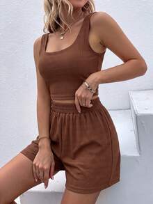 SHEIN Holidaya 女款方領短版背心與短褲休閒兩件套 - 棕色 - 查看 3