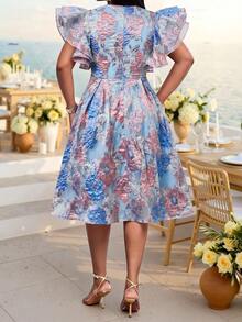Fleurora Plus Size Women's Jacquard Pleated Fashion Date Formal Christening Guest Summer Dress Wedding Sky Blue Elegant Wedding Wedding - Blue - View 2