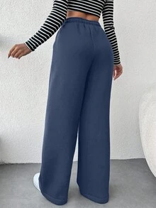 SHEIN Cottnline 女士休闲纯色抽绳腰直筒运动裤，秋冬 - 藍色 - 查看 2