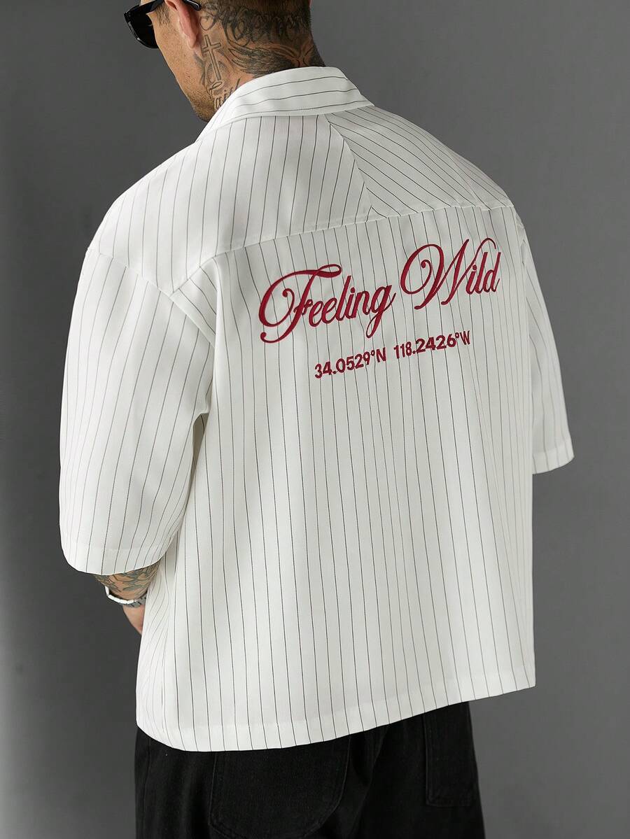 SLATEMANN Men's Letter Embroidered Striped Short Sleeve Casual Shirt - White - View 1