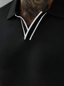 SLATEMANN 男士拼色短袖 Polo 衫與長褲休閒日常穿搭套裝 - 黑色 - 查看 5