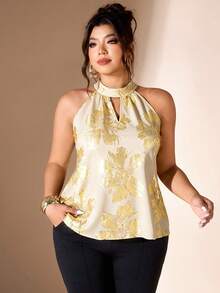 Cravure Women's Plus Size Gold Foil Floral Print Stand Collar Sleeveless Elegant Blouse - Apricot - View 6