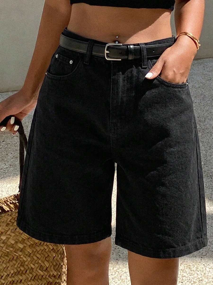 DAZY 夏季新款舒適休閒寬鬆女款牛仔短褲 - 黑色 - 查看 1