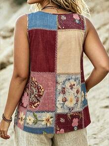 Linhara CURVE Débardeur décontracté à col en V avec imprimé floral pour femmes grande taille, été - Multicolore - Voir 2