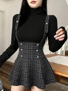FRIFUL Women's Plaid Casual 70s 70's Inspired Preppy Versatile Daily Wear Suspenders Mini Skirt Date School Black Plaid Autumn Cute Tops - Black and White - View 1