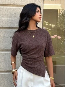 Aloruh Women's Casual Versatile Coffee Brown T-Shirt, Autumn T-Shirt, Round Neck T-Shirt, Waist-Cinching Asymmetrical T-Shirt Brunch Tops Going Out Tops - Rust Brown - View 7