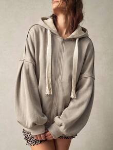 Bohemela Women's Solid Color Drop Shoulder Long Sleeve Zipper Front Drawstring Hooded Fleece Sweatshirt - Apricot - View 2