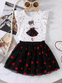 SHEIN Elladie kids 少女 3D 網格蝴蝶結裝飾愛心印花圓領 T 恤與精緻裙子套裝 - 黑色 - 查看 3