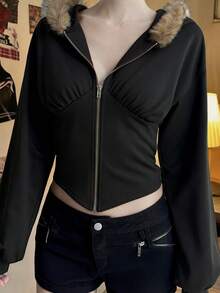 Livesso Women's All Black Fur Collar Hooded Long Sleeve Zip-Up Slim Fit Cropped Waist Dark Punk Goth Style Sweatshirt Autumn Halloween Night Out Club - Black - View 4