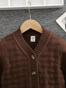 SHEIN Young Boy Solid Color Textured Long Sleeve Single-Breasted Knit Cardigan - Brown - View 6