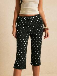 Poéselle Women's Low-Rise Skinny Black And White Polka Dot Cropped Jeans Slits Hem Commuting Everyday Date Night Going Out Summer Retro Vintage 70s Casual - Black - View 4