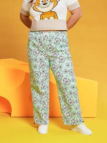 TOM & JERRY X SHEIN Plus Drawstring Waist Cartoon Graphic Pants - MultiWarna - View 4