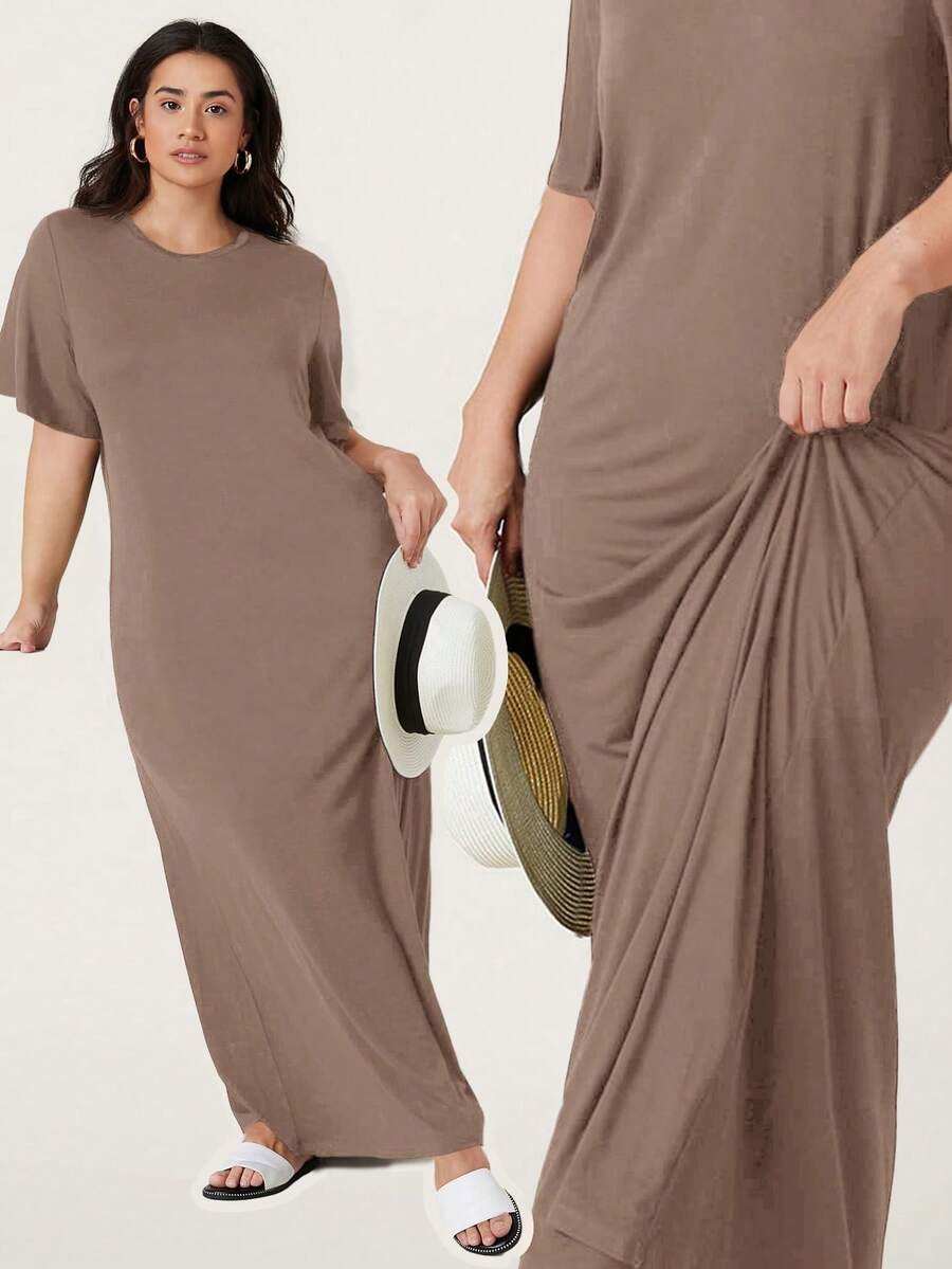 SHEIN BASICS 大尺碼女款純色圓領短袖休閒洋裝 - 咖啡棕 - 查看 1