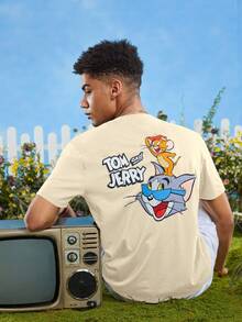 TOM & JERRY X SHEIN 夏季男士1件休閒印花短袖T恤，圖案為卡通與文字 - 黃色 - 查看 9