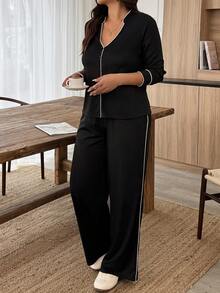 Weeklong Set Pakaian Santai Rumahan Wanita Ukuran Besar Musim Gugur/Dingin dengan Trim Kontras - Hitam - View 3